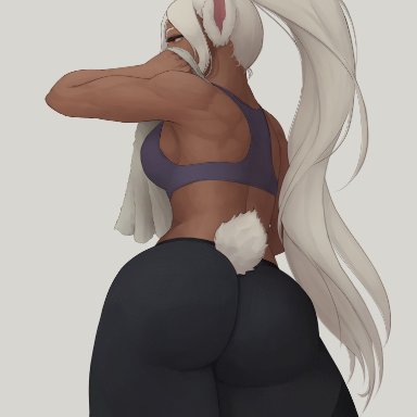 my hero academia, miruko, rumi usagiyama, kris null, animal ears, ass, black leggings, cowboy shot, crop top, dark-skinned female, dark skin, female, from behind, grey background, holding