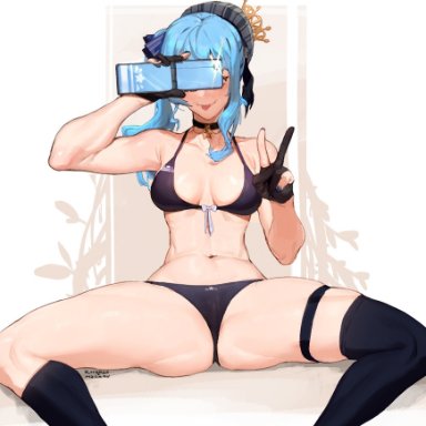 hololive, hoshimachi suisei, kollerss, 1girls, athletic female, beret, bikini, black panties, blue hair, blue nails, choker, crown, female, female focus, female only