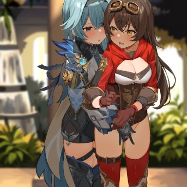 genshin impact, amber (genshin impact), eula (genshin impact), lemontyoisy r18, 2girls, bangs, black hairband, blue hair, blurry, blurry background, blush, bottomless, bow hairband, breasts, brown gloves