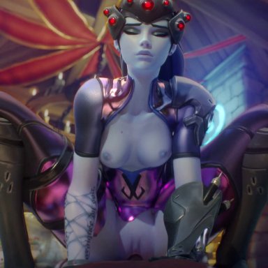 overwatch, widowmaker, fpsblyck, 1boy, 1girls, areolae, breasts, breasts out, closed eyes, cowgirl position, dark-skinned male, dark skin, interracial, looking at viewer, medium breasts