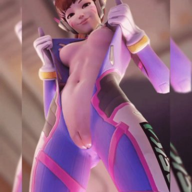 d.va, futuretist, ray jff, 1girls, bodysuit, breasts, clothing, female, female only, gloves, looking at viewer, pussy, torn bodysuit, torn clothes, vagina