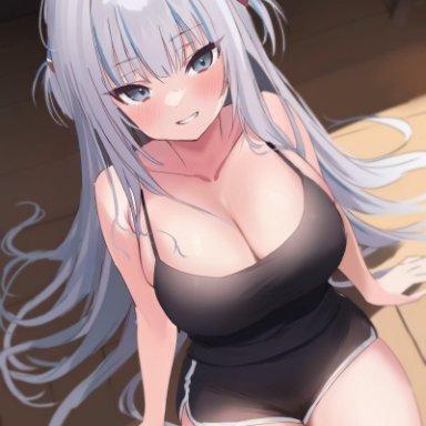 hololive, hololive english, gawr gura, nikuya (nikuniku nikuya), 1girls, aged up, alternate breast size, bare shoulders, big breasts, blush, breasts, busty, camisole, cleavage, dolphin shorts