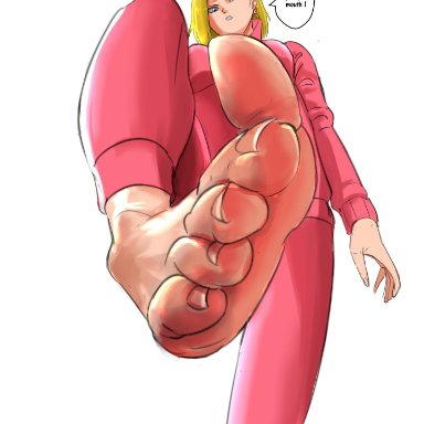 dragon ball, dragon ball z, android 18, ssslavein, barefoot, blonde hair, blue eyes, clothed, clothing, dominant, dominant female, domination, feet, female, female only