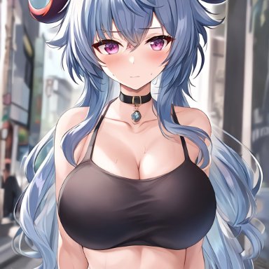 genshin impact, ganyu (genshin impact), nai diffusion, stable diffusion, 1girls, alternate hairstyle, blue hair, blush, breasts, choker, city, cleavage, clothed, female, female only