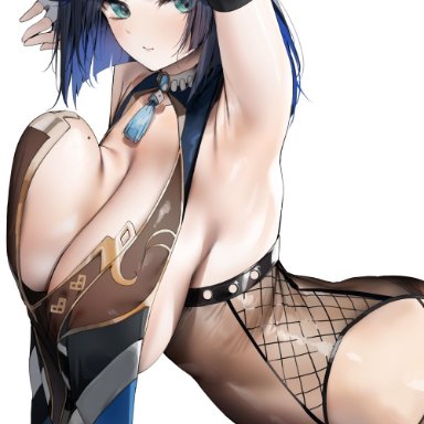 genshin impact, yelan (genshin impact), poharo, 1girls, armpits, ass, barely clothed, beauty mark, blue hair, breast press, breasts, cleavage, female, green eyes, huge breasts