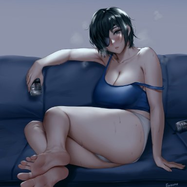 chainsaw man, himeno (chainsaw man), easonx, 1girls, bare arms, bare legs, bare shoulders, barefoot, beer can, black hair, blue bra, blush, bra, breasts, can