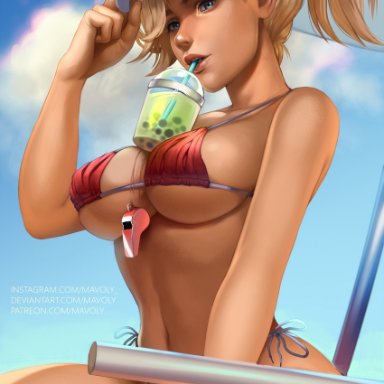 blizzard entertainment, overwatch, overwatch 2, mercy, mavoly, 1girls, adjusting clothes, adjusting headwear, baywatch, between breasts, bikini, blue eyes, blue sky, breasts, bubble tea