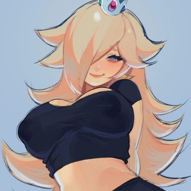 mario (series), nintendo, princess rosalina, droog, 1girls, big breasts, blonde hair, breasts, busty, clothed, clothed female, clothes, clothing, crop top, crown