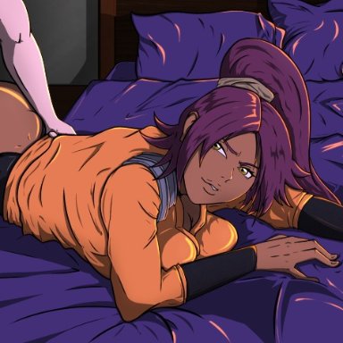 bleach, shihouin yoruichi, crash9902, 1boy, 1boy1girl, 1girls, abs, ass cutout, assless pants, bent over, big ass, breasts, clothed female nude male, clothed sex, cutout