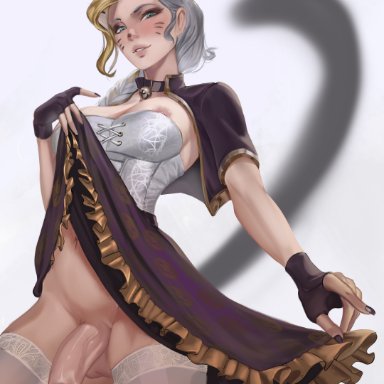 warcraft, world of warcraft, jaina proudmoore, holymeh, 1futa, blonde hair, bottomless, breasts, clothed, clothing, cum, erection, facepaint, futa only, futanari