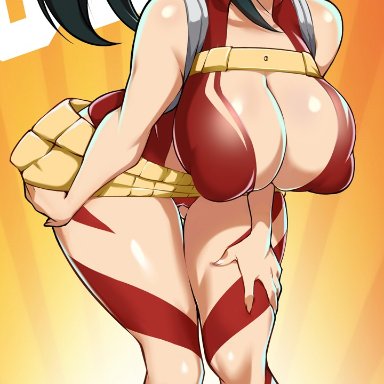 my hero academia, momo yaoyorozu, bayeuxman, 1girls, alternate hairstyle, big breasts, bimbo, black hair, breasts, eye contact, female, female only, looking at viewer, solo, standing