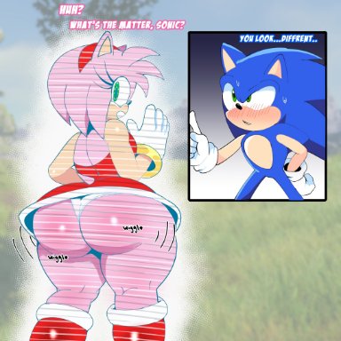 sonic (series), amy rose, sonic the hedgehog, crossnsfw, 1boy, 1girl, ass, back view, big ass, blue fur, blush, blushing, confusion, dress, exposed