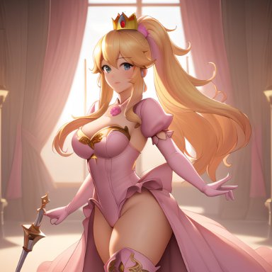 mario (series), nintendo, princess peach, stable diffusion, 1girls, big breasts, blonde hair, blue eyes, busty, cleavage, dress, female, female only, hair ribbon, large breasts