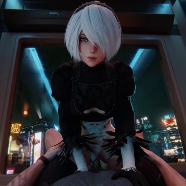 nier, nier: automata, nier (series), yorha 2b, auxtasy, 1boy, 1girls, blue eyes, cowgirl position, eye contact, looking at viewer, pov, sex, straight, vaginal penetration