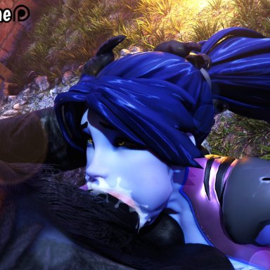 halloween, overwatch, overwatch 2, widowmaker, lewddokkae, 1girls, anthro, anthro on human, anthro penetrating, anthro penetrating human, big balls, big penis, breast press, bulge, canine