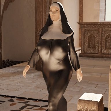mary (serge3dx), serge3dx, 1futa, black clothing, bottomless skirt, bouncing penis, breasts, cameltail, church, clothed, curvy, dickgirl, erect nipples, erection, erection under clothes