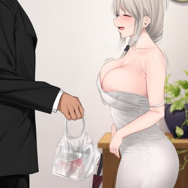 uzaki-chan wa asobitai!, uzaki tsuki, jjanda, 1boy, 1girls, areola slip, bag, bangs, bare shoulders, black jacket, black pants, blazer, blurry, blurry background, breasts