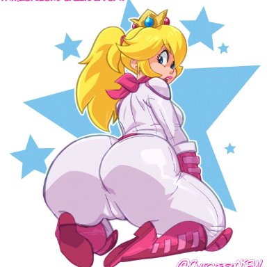 mario (series), nintendo, super mario bros. (2023 film), princess peach, chickpea, 1girls, ascot, ass, big ass, big butt, blonde hair, blue background, blue eyes, bodysuit, boots