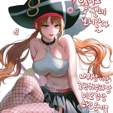 one piece, one piece film red, nami, 1girls, big breasts, breasts, busty, choker, crop top, curvy, female, female only, fishnets, gloves, heart