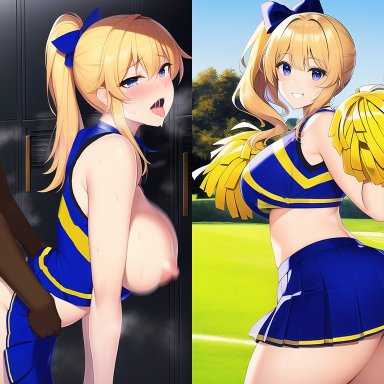 original, original character, ai kei, nai diffusion, stable diffusion, 1boy, 1girls, blonde hair, cheerleader, cheerleader uniform, dark-skinned male, dark skin, female, interracial, large breasts