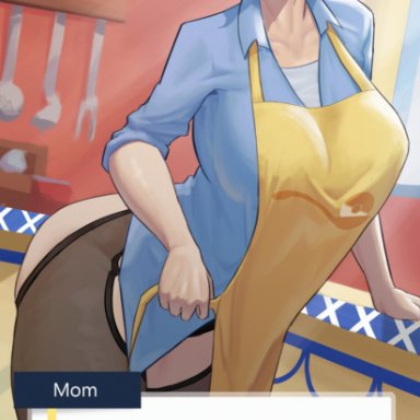 game freak, pokemon, pokemon sv, mother (pokemon sv), stopu, 1girls, apron, blue shirt, bottomwear, brown hair, ear piercing, earrings, english, female, female only