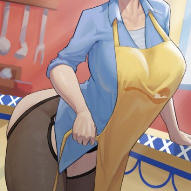 game freak, pokemon, pokemon sv, mother (pokemon sv), stopu, 1girls, apron, blue shirt, bottomwear, brown hair, ear piercing, earrings, female, female only, hair