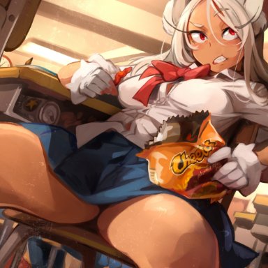 cheetos, my hero academia, miruko, rumi usagiyama, khyleri, 1girls, animal ears, blouse, breasts, can, chips (food), classroom, dark-skinned female, dark skin, desk