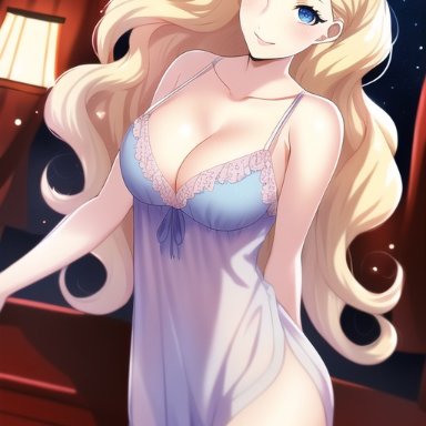 persona, persona 5, persona 5 royal, ann takamaki, nai diffusion, stable diffusion, 1girls, bare arms, bare legs, bare shoulders, bare thighs, bed, bedroom, big breasts, blonde hair