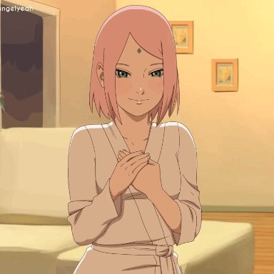 boruto: naruto next generations, naruto, naruto (series), sakura haruno, angelyeah, 1girls, barely clothed, bathrobe, before sex, embarrassed, female, female only, green eyes, imminent sex, indoors