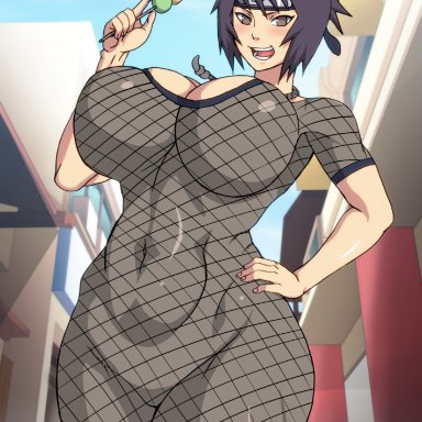 naruto, naruto (series), naruto shippuden, mitarashi anko, naruho, 1girls, big breasts, bodysuit, breasts, brown eyes, cleavage, covered navel, curvaceous, dango, female