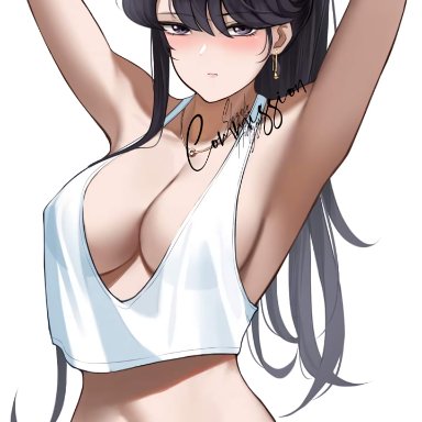 komi-san wa komyushou desu, komi shouko, shizuko hideyoshi, armpits, arms up, big breasts, black hair, blush, breasts, cleavage, clothed female, dark hair, emotionless, huge breasts, light-skinned female