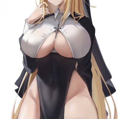 original, original character, biya, 1girls, big breasts, blonde hair, breasts, cleavage, clothed, clothing, cross, cross necklace, female, female only, large breasts