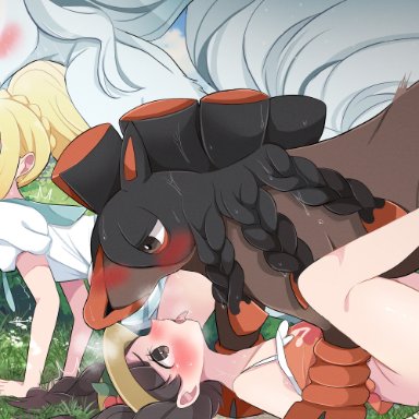 nintendo, pokemon, pokemon sm, alolan ninetales, lillie (pokemon), mudsdale, selene (pokemon), azio, 2girls, 2pokemon, all fours, alternate hairstyle, blonde hair, breasts, female