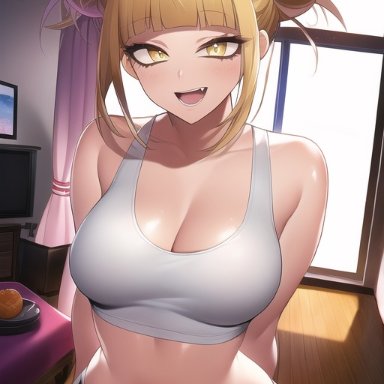 my hero academia, himiko toga, nai diffusion, stable diffusion, 1girls, arms behind back, bare shoulders, blonde hair, breasts, cleavage, crop top, double bun, fang, fully clothed, large breasts