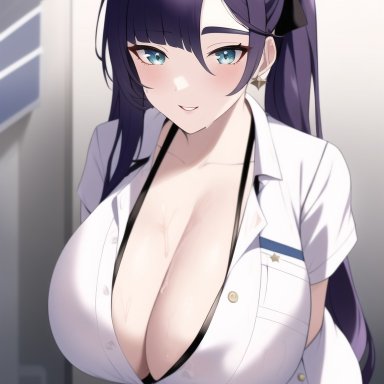 genshin impact, mona (genshin impact), nai diffusion, stable diffusion, 1girls, aged up, alternate body type, alternate eye color, black hair, blue eyes, breasts, cleavage, female, huge breasts, large breasts