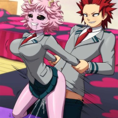 my hero academia, eijirou kirishima, mina ashido, reit, 1boy, 1girls, background, black sclera, female, from behind, pink hair, pink skin, rolling eyes, sahegao, saliva