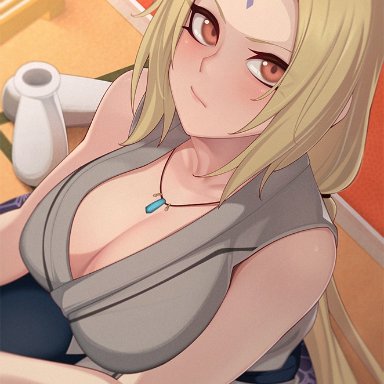 naruto, naruto (classic), naruto (series), naruto shippuden, shounen jump, tsunade, darahan, 1girls, bare arms, bare shoulders, big breasts, blonde hair, blush, breast focus, brown eyes