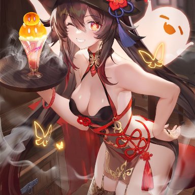 genshin impact, hu tao (genshin impact), slime (genshin impact), 1girls, apron, ass, bare shoulders, breasts, brown hair, butt crack, cleavage, drink, female, ghost, hand on hip