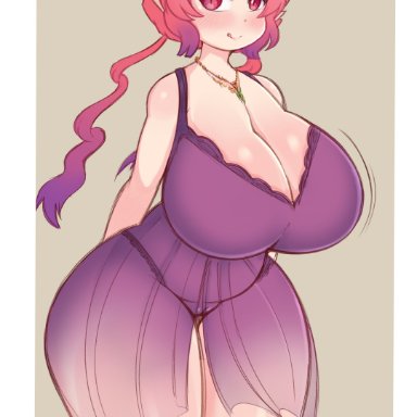 miss kobayashi's dragon maid, ilulu (dragon maid), saltyxodium, 1girls, big breasts, blush, breasts, cameltoe, eye contact, female, female only, horns, huge breasts, looking at viewer, red eyes