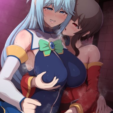 aqua (konosuba), megumin, ponpoppo, 1futa, 1girls, big breasts, big penis, blue eyes, blue hair, blush, bottomless, breasts, brown hair, clothed, clothing