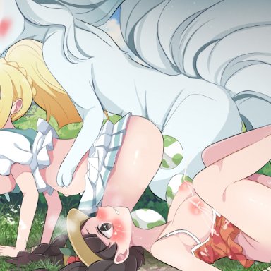 nintendo, pokemon, pokemon sm, alolan ninetales, lillie (pokemon), selene (pokemon), azio, 2girls, 2pokemon, after sex, all fours, alternate hairstyle, blonde hair, breasts, egg laying