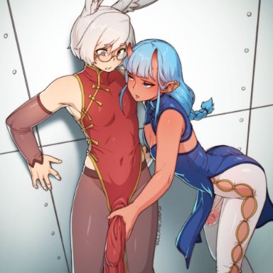 final fantasy, final fantasy xiv, original, taiyo akari, viera, sulcate, 1boy, 1futa, against wall, animal ears, armpit crease, bangs, big penis, black pantyhose, blue hair