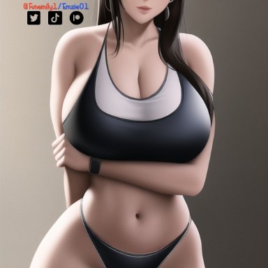 tifa lockhart, funemily1, nai diffusion, stable diffusion, 1girls, black hair, cleavage, curvy, curvy female, curvy figure, large breasts, looking at viewer, panties, red eyes, sideboob