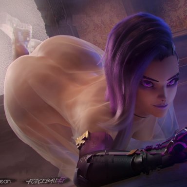 blizzard entertainment, overwatch, sombra, forceballfx, 1girls, big ass, breasts, busty, female, female focus, female only, hourglass figure, phasing, phasing through tv, pinup pose