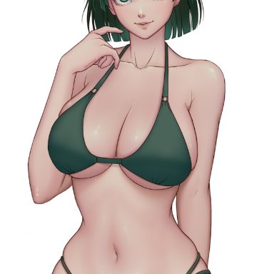 one-punch man, fubuki (one-punch man), hanaelward03, 1girls, barefoot, belly, belly button, big breasts, bikini, breast squeeze, breasts, busty, cleavage, clothed, clothing