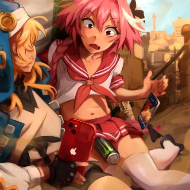 fate/apocrypha, fate (series), guilty gear, guilty gear strive, monster energy, astolfo (fate), bridget, khyleri, 2boys, aircraft, airplane, androgyne symbol, assault rifle, bike shorts, bird