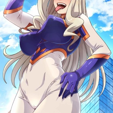 my hero academia, mount lady, yuu takeyama, sano-br, 1girls, belly, blonde hair, bodysuit, breasts, building, cameltoe, cloud, curvaceous, day, eyes