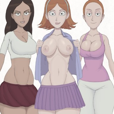 rick and morty, jessica (rick and morty), summer smith, tricia lange, jayden jayo22, 3girls, average breasts, big breasts, brainwashed, different breast sizes, drugged, female, female only, flashing, flashing breasts