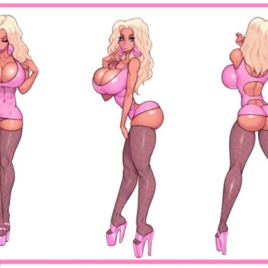 jay-marvel, theofficialpit, big ass, bimbo, blonde hair, blue eyes, cleavage, cleavage overflow, closed eyes, earrings, fishnet stockings, high tops, huge breasts, looking at viewer, pink dress