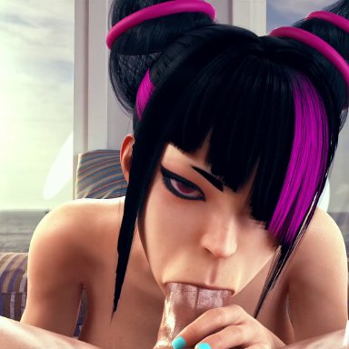 capcom, street fighter, street fighter 6, juri han, pentraxnsfw, 1boy, 1girls, big penis, black hair, blowjob, breasts, drill hair, dyed hair, erection, female